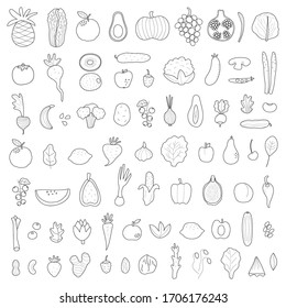  Concepto de alimentos sanos. Colección de frutas y verduras en el contorno negro. Ilustración vectorial plana.