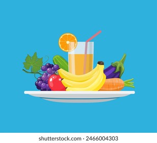 Healthy food concept. Food choice concept. fresh vegetables. Concept diet - plate with fruits and organic vegetables. Vector illustration in flat style