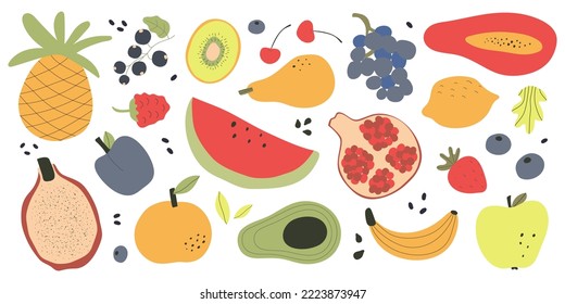 Healthy food concept. Colorful big collection with cute fruits. Flat vector illustration.