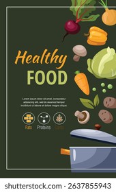 Healthy food concept with cooking pot. Poster template with fresh vegetables and text on dark background.