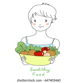 Healthy food concept with cute girl with pixie haircut holding basket full of vegetables. Vector illustration with hand-drawn style.