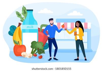 Healthy food concept with fresh fruit and vegetables, farm milk and happy young couple, colored vector illustration