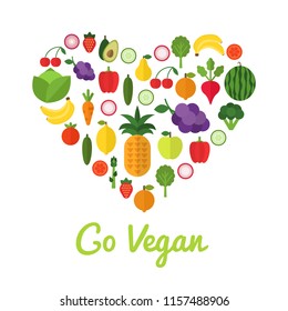 Healthy Food Concept. Go Vegan Design. Heart Shape Filled With Collection Of Fresh Healthy Fruits And Vegetables. Organic Template. Vegetarian Food. Vector Illustration.