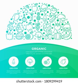 Healthy food concept in half circle. Fruits, vegetables, berries and nuts. Thin line icons set: pineapple, apple, avocado, cabbage, carrot, cherry, coconut. Vector illustration.