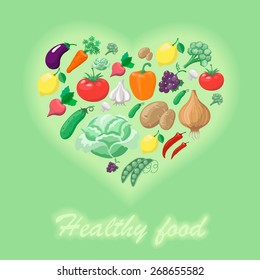 Healthy food concept in heart shape.  vector illustration.