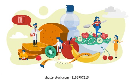 Healthy food concept. Idea of organic menu for diet and natural nutrition. Cooking using fresh ingredient. Body and health care, weight loss. Isolated flat vector illustration