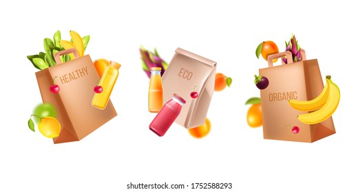 Healthy food concept isolated on white with paper bags,bottles, fruit, greenery in realistic style. Vector illustration with groceries, fresh juice, banana, lemon, orange, mango. Food delivery clipart