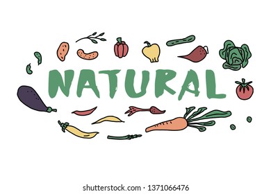 Healthy food concept with lettering.  Vegetable in doodle style Natural handwritten text. Vector design illustartion.