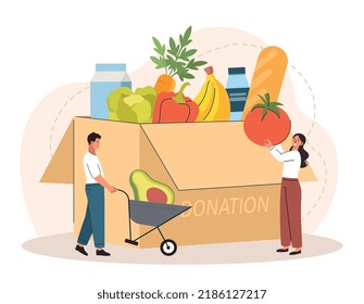 Healthy food concept. Man and girl buy fruits and vegetables in supermarket, consumers with baskets in store. Natural and fresh products. Routine and daily activities. Cartoon flat vector illustration