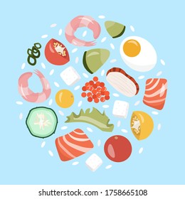 Healthy food concept. Nutrition concept. Cute vector flat illustration with shrimp, salmon, eel, caviar, seafood, vegetables, cheese, rice, egg in cartoon style.