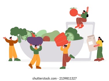 Healthy food concept with people carry vegetables to bowl. Vector flat illustration of men and women with organic local products, big fresh tomato, broccoli, eggplant, milk box and glass