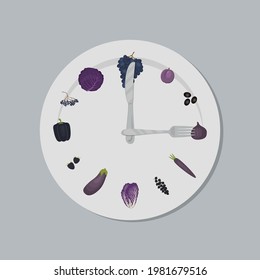 Healthy food concept. Plate with a clock face, knife and fork in shape of clock hands. There are purple vegetables and fruits in the picture. Vector illustration