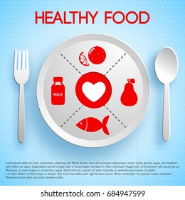 Healthy food concept with plate fork spoon product icons on blue light dotted background vector illustration