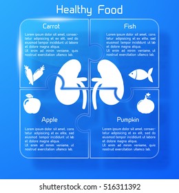 Healthy food concept with products icons valuable for human kidneys puzzle shape on blue background vector illustration