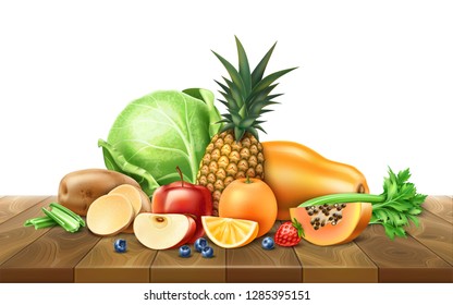 Healthy food concept. Realistic organic vegetables and fruits from organic shop, farm market at wooden table. Broccoli, pumpkin, apple slice strawberry and blueberry, celery and salad orange slice