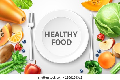 Healthy food concept. Realistic organic vegetables and fruits near served dish, knife, fork. Broccoli, pumpkin, apple slice strawberry and blueberry, celery and salad orange slice