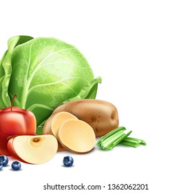 Healthy food concept. Realistic organic vegetables and fruits from organic shop, farm market on isolated background. Green cabbage, apple slice blueberry, celery and potato slices