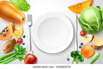 Healthy food concept. Realistic organic vegetables and fruits near served dish, knife, fork. Broccoli, pumpkin, apple slice strawberry and blueberry, cabbage celery and salad orange slice