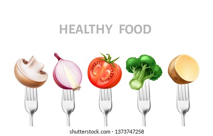 Healthy food concept. Realistic sliced vegetables on silver forks. Vector tomato, champignon, onion broccoli and potato sliced on tableware. Restaurant, cafe menu design.