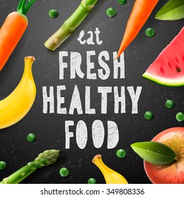 Healthy food concept with sample text, eat fresh healthy food, vector illustration.
