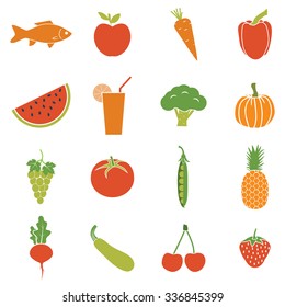 Healthy food concept. Set berries, fruits, vegetables, fish and fruit juice. Vector illustration