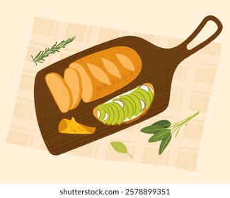 Healthy food concept with sliced bread, cheese and avocado toast lying on a cutting board, with rosemary and sage leaves, on a checkered tablecloth