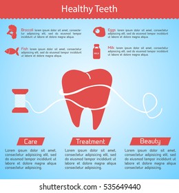 Healthy food concept with tooth dental floss and product icons on light blue background