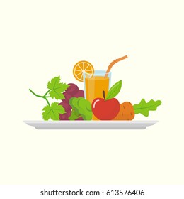 Healthy food concept. Tray of fresh vegetables, fruit and juice, symbol of a healthy diet. Veggie food, eat vitamins. Vector illustration flat design. Isolated on white background.
