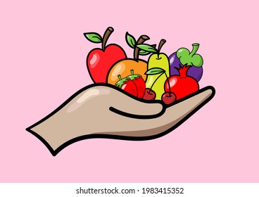 Healthy food concept. Variety of fruit (orange, apple, strawberry, pomegranate, pear, cherry, and mangosteen) on hand for a gift on pink background. High vitamin and fiber.  