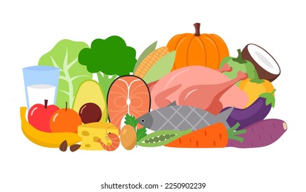 Healthy food concept vector illustration. Chicken, fish, vegetables and fruits in flat design on white background.