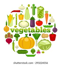 Healthy Food concept vector illustration.  Flat style vegetables  in the shape of circle on white background.