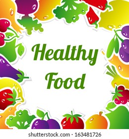 Healthy food concept, vintage style. Frame with fruits and vegetables. Vector illustration