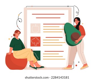 Healthy food concept. Woman with avocado near nutrition plan. Proper diet and healthy eating. Green natural and oirganic ingredients for preparing and menu. Cartoon flat vector illustration