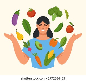 Healthy food concept. Young woman surrounded by fresh vegetables and fruits. Raw food, veganism and vegetarianism. Healthy and beneficial food. Flat vector illustration isolated on white background.