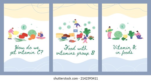 Healthy food containing vitamins of group B, C and K - poster templates flat vector illustration. Set of infographic flyers with cartoon characters holding rich in vitamins products.