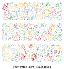 Healthy food and cooking. Fruits, vegetables, household. Doodle vector set.