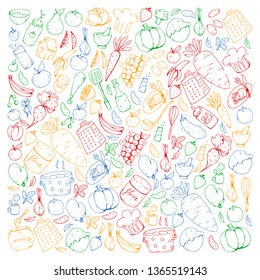 Healthy food and cooking. Fruits, vegetables, household. Doodle vector set.