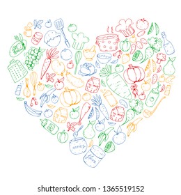 Healthy food and cooking. Fruits, vegetables, household. Doodle vector set.