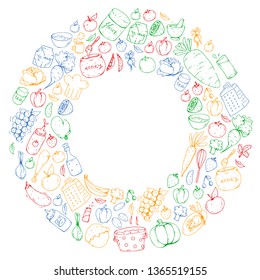 Healthy food and cooking. Fruits, vegetables, household. Doodle vector set.