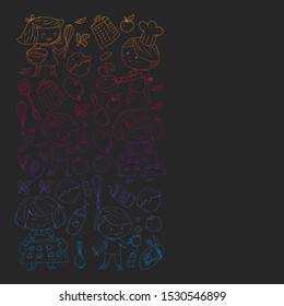 Healthy food and cooking. Fruits, vegetables, household. Doodle vector set.