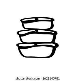 Healthy food delivery containers. Glassware in doodle style isolated on white background. Vector outline illustration. Set boxes. Boxes for packing food. Logotype. Copy space. Place for text.