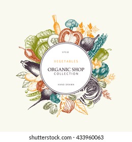 Healthy food design with hand drawn vegetables and spices sketch. Colorful menu template with organic food illustration.