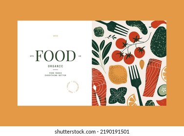 Healthy food design template. Salmon on the cutting board with the vegetables. Vector illustration.