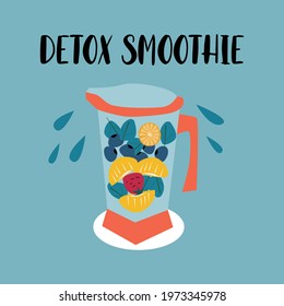 Healthy food and detox concept. Lettering detox smoothie and blender with fruit i years and spinach leaves. Vector illustration on a blue background 
