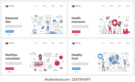 Healthy food and diet, healthcare, insurance set vector illustration. Cartoon tiny people plan balanced dietary meals on advice and recommendation of nutritionist, health protection strategy