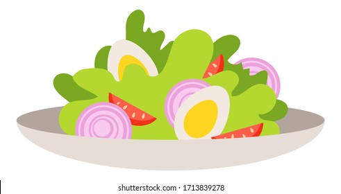 Alimentos saludables. Ensalada de verduras frescas en bajas calorías en un plato. Huevos, tomates, lechuga, cebollas. Isolación plana mínima simple ilustración de caricaturas lindas