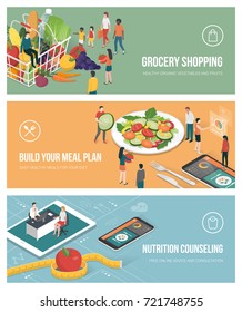 Healthy food, diet and nutrition concept: people doing grocery shopping, preparing an healthy meal and planning a diet