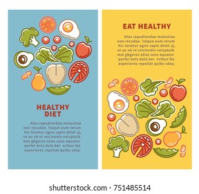 Healthy food and diet nutrition vector posters vegetables, fruits and cereals protein