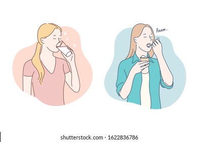 Healthy food, dieting concept. Girl drinking glass of milk, young woman eating tasty, yummy, delicious yogurt with teaspoon, dairy products, meal, lunch, breakfast time. Simple flat vector