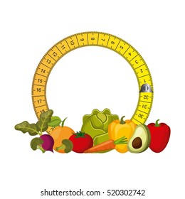 healthy food for dieting with measurement tape in circle shape over white background. colorful design. vector illustration